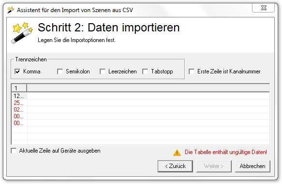Abbildung 12:Import aus CSV: Schritt 2 mit Fehler