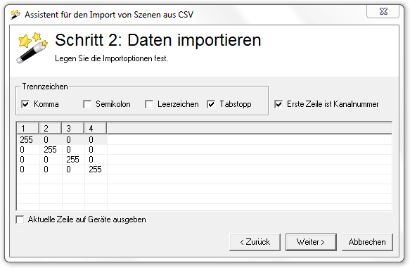 Abbildung 14:Import aus CSV: Schritt 2 (Kanalnummern eingelesen)