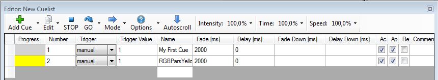 Abbildung 7:Cueliste mit mehreren Cues