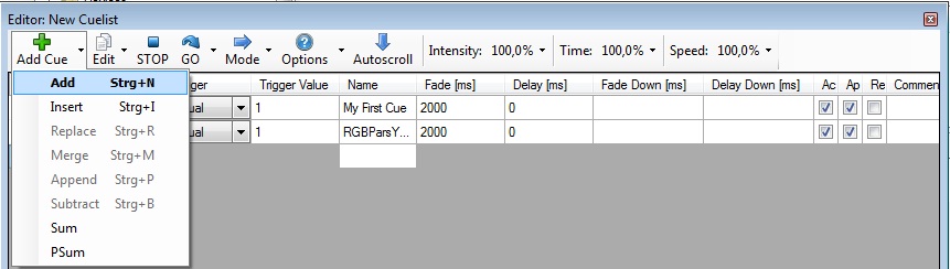 Abbildung 2:Anzeige der Menüeinträge des Dropdownmenüs von Add Cue