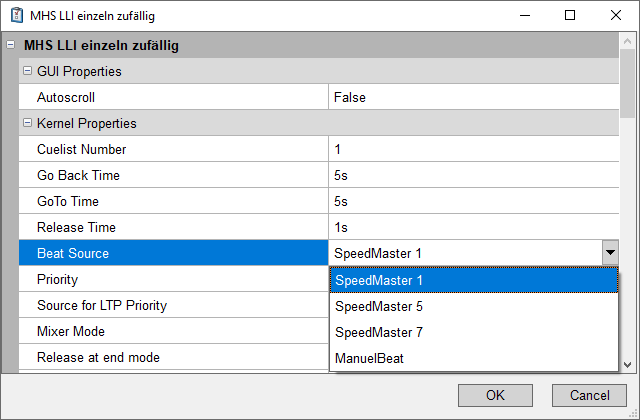 Abbildung 4:Auswahl von verschiedenen Speedmastern als Beat source für eine Szenenliste.