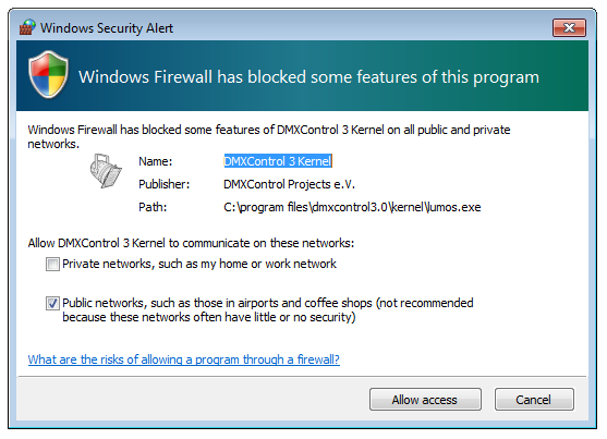 Abbildung 5:Warnung der Firewall beim Ausführen von DMXControl 3