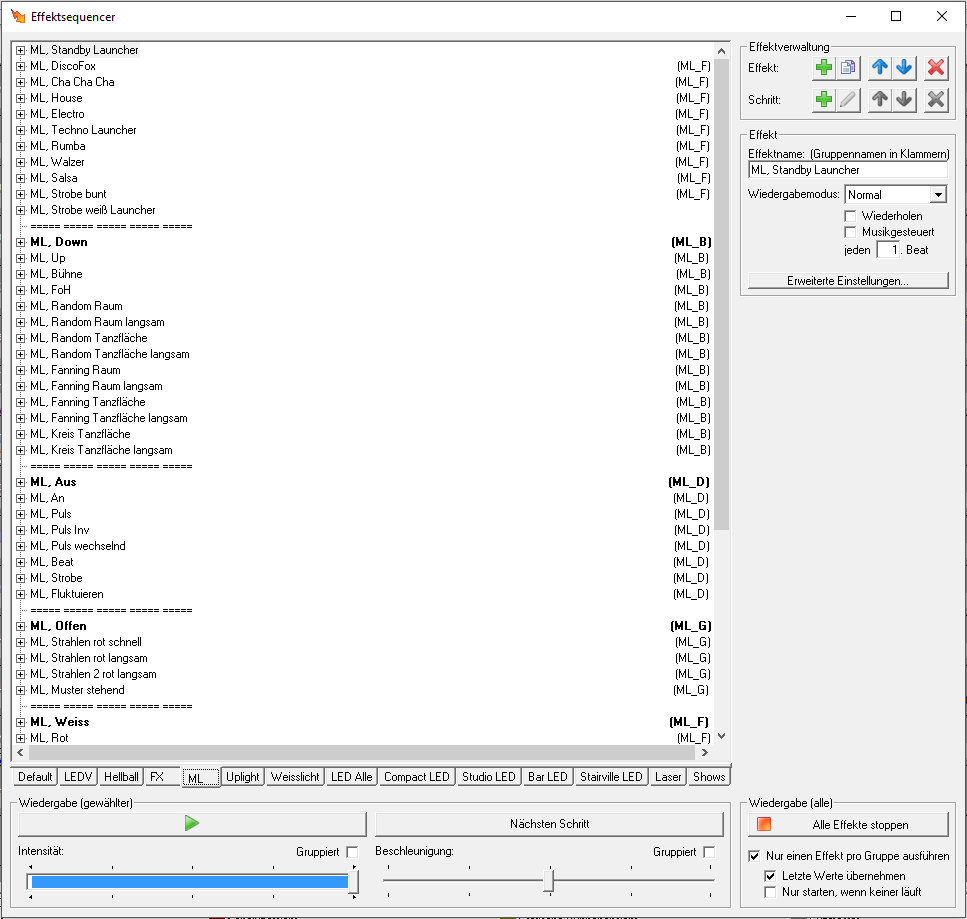 Screenshot des Effektsequenzers mit den Effekten für die Moving Heads