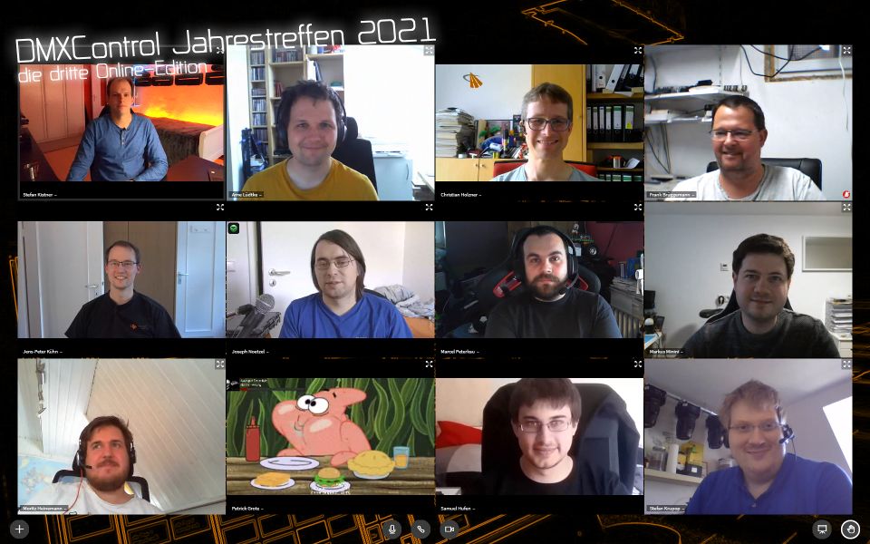 Der Verein beim Gruppen-Screenshot vor dem letzten "offiziellen" Programmpunkt des 2021-1er Treffen: Stefan Ki., Arne, Christian, Frank Br., Jens-Peter, Jospeh, Marcel, Markus, Moritz, Patrick*, Samuel, Stefan Kr. (von oben links nach unten rechts)