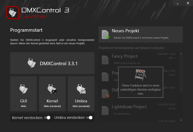 Abbildung 5:Status des Launchers nach dem vollständgen Start von DMXControl 3.