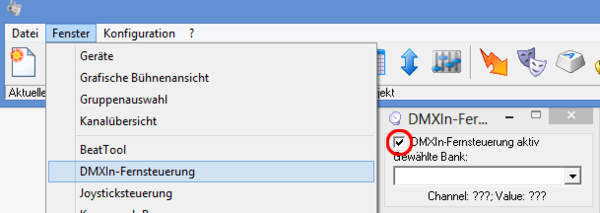 Abbildung 11:Aktivieren der DMXIn Fernbedienung DMXControl 2